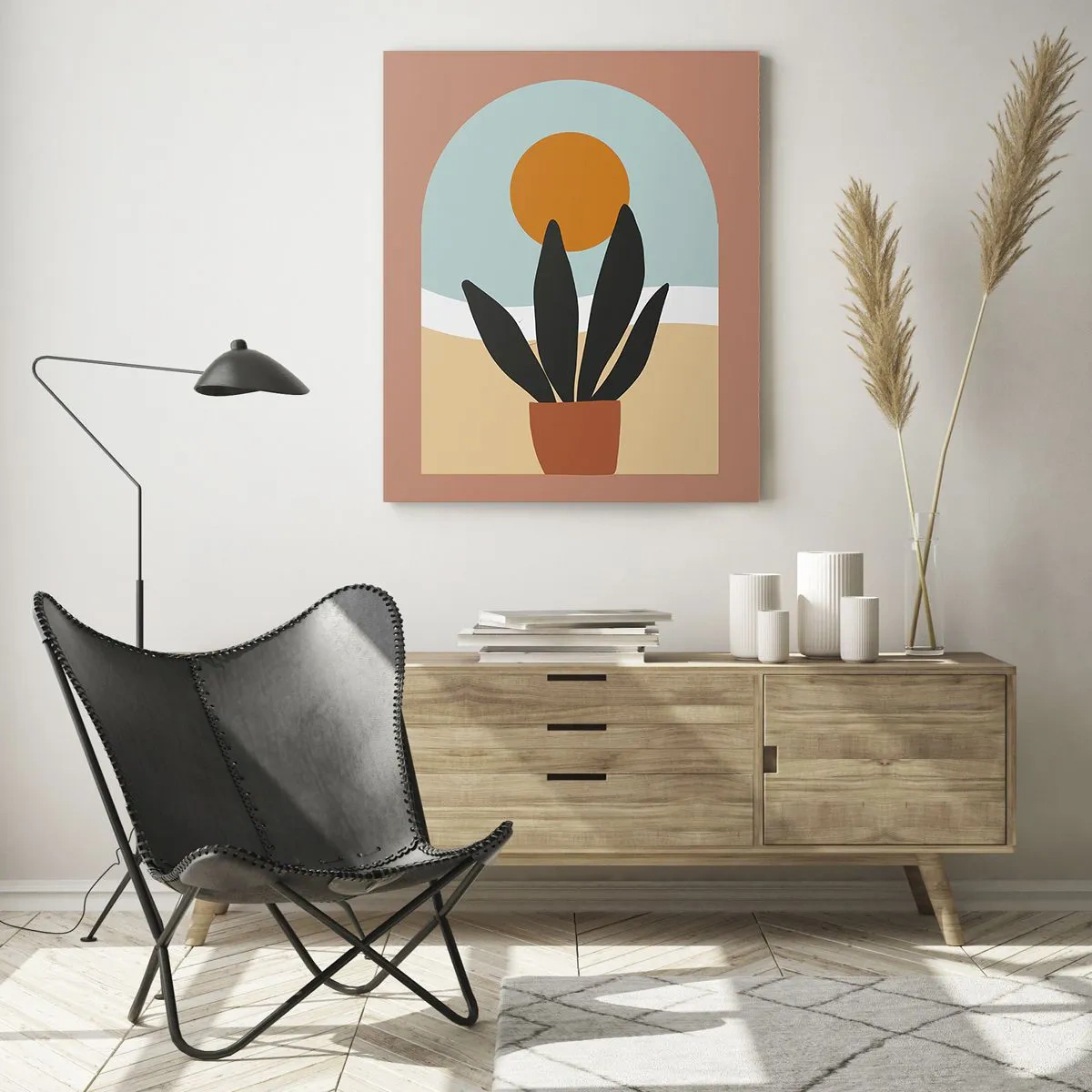 Cuadro sobre vidrio - Impresiones sobre Vidrio - Una planta negra en una maceta contra el sol. - 70x100cm - Pequeñas alegrías - Decoración de pared moderna para salón y dormitorio ARTTOR