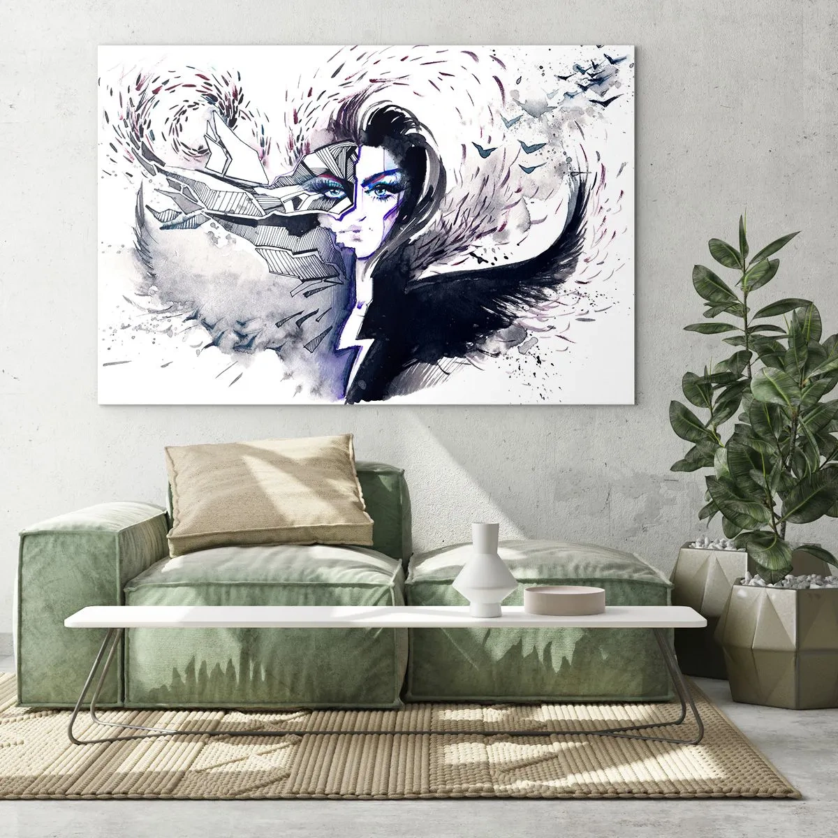 Cuadro sobre vidrio - Impresiones sobre Vidrio - Retrato abstracto con elementos dinámicos y negro. - 70x50cm - Demoníaca y hermosa - Decoración de pared moderna para salón y dormitorio ARTTOR