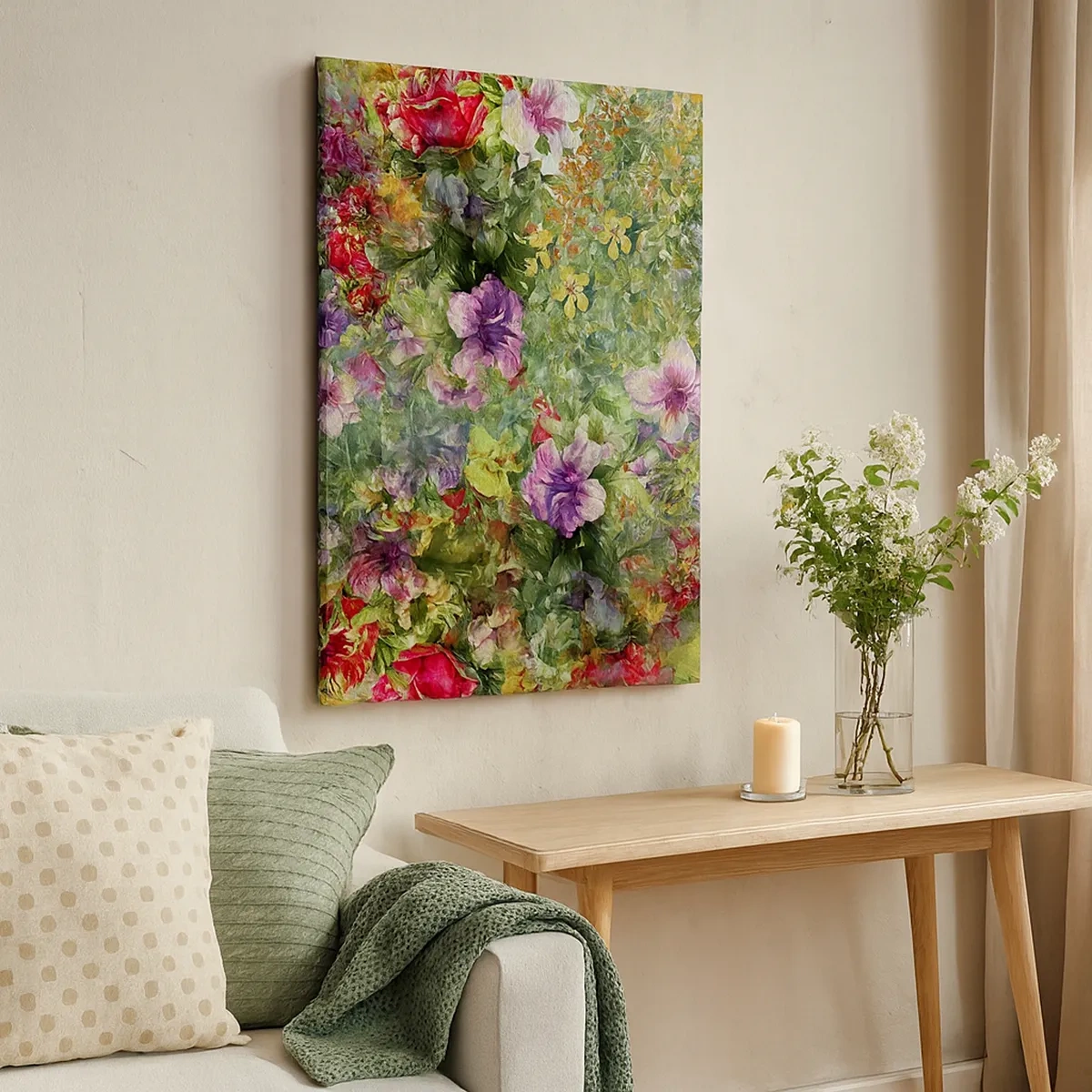 Cuadro sobre lienzo - Impresión de Imagen - Un arreglo floral colorido sobre un fondo verde. - 50x70cm - En flores a la perdición - Decoración de pared moderna para salón y dormitorio ARTTOR