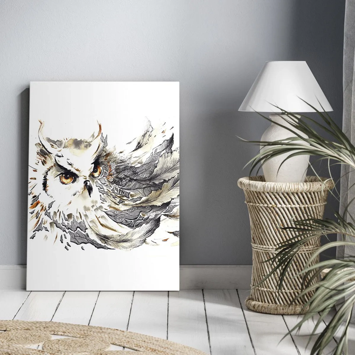 Cuadro sobre lienzo - Impresión de Imagen - Un búho con plumas místicas en forma artística de acuarela. - 50x70cm - Venía de un mundo de magia - Decoración de pared moderna para salón y dormitorio ARTTOR