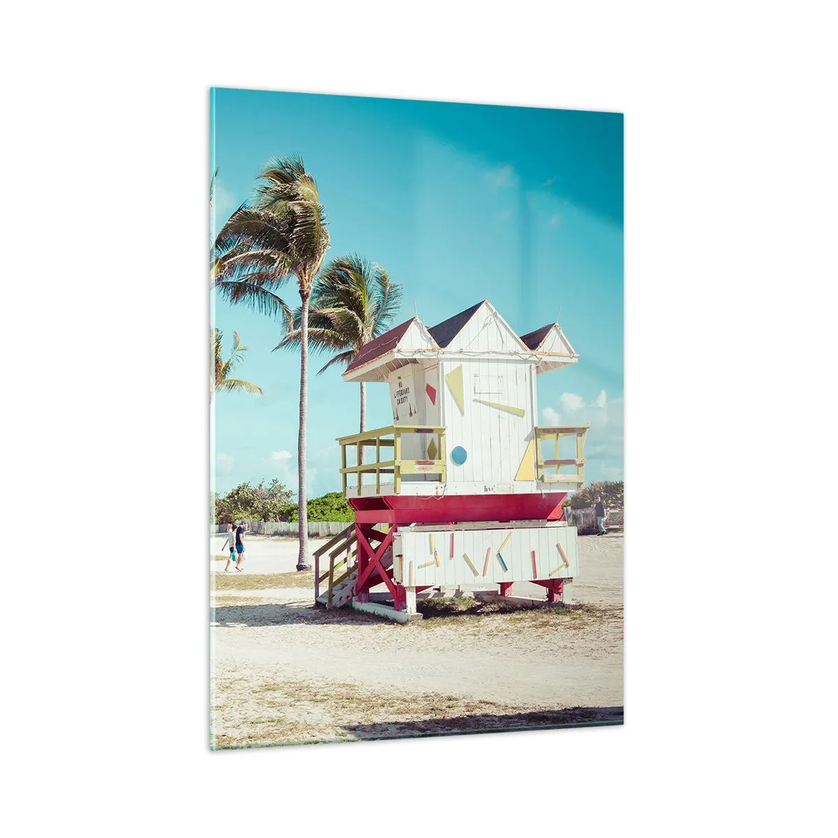 Cuadro sobre vidrio - Impresiones sobre Vidrio - Una playa con palmeras y una torre de salvavidas en un día soleado. - 50x70cm - Un hermoso día por delante - Decoración de pared moderna para salón y dormitorio ARTTOR