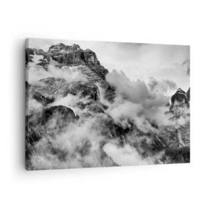 Cuadro sobre lienzo - Impresión de Imagen - Vista en blanco y negro de montañas rodeadas de nubes. - 70x50cm - Hermoso y cruel - Decoración de pared moderna para salón y dormitorio ARTTOR