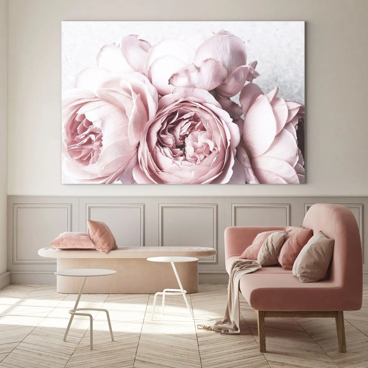 Cuadro sobre vidrio - Impresiones sobre Vidrio - Primer plano de flores de peonía rosa con luz suave - 120x80cm - Para los románticos - Decoración de pared moderna para salón y dormitorio ARTTOR