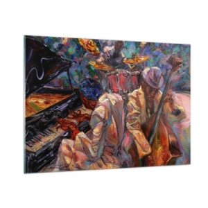 Cuadro sobre vidrio - Impresiones sobre Vidrio - Un colorido escenario de jazz con músicos e instrumentos. - 100x70cm - En un ritmo mágico - Decoración de pared moderna para salón y dormitorio ARTTOR