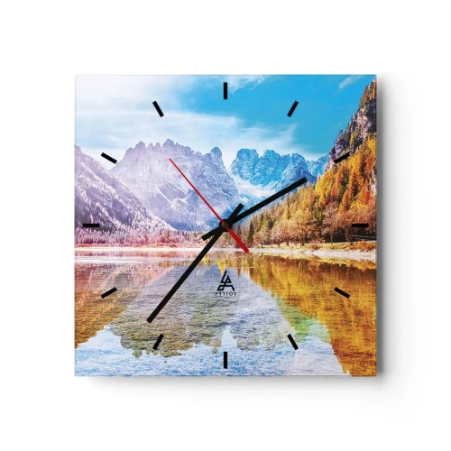Reloj de pared - Reloj de vidrio - Paisaje otoñal de montaña con un lago - 30x30cm - Ya es otoño en las montañas - Decoración de pared moderna para salón y dormitorio ARTTOR