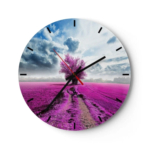 Reloj de pared - Reloj de vidrio - Un campo morado con un árbol solitario contra el fondo de nubes. - 30x30cm - El brezal - un encanto - Decoración de pared moderna para salón, cocina y dormitorio ARTTOR
