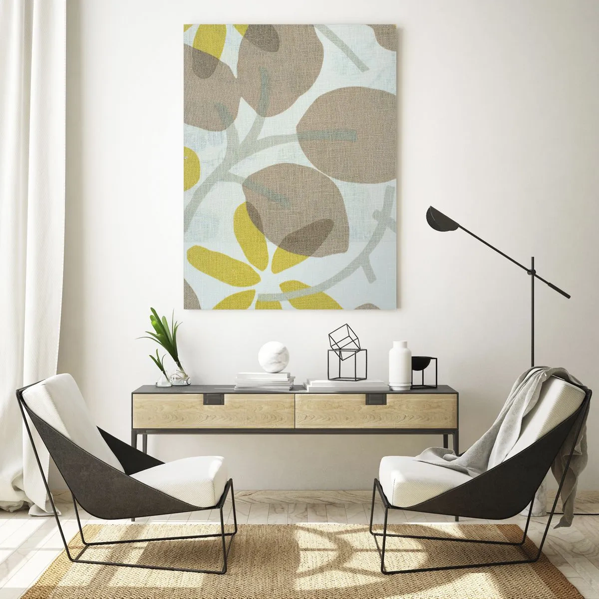 Cuadro sobre vidrio - Impresiones sobre Vidrio - Hojas abstractas en tonos beige y amarillo. - 80x120cm - Composición a pleno sol - Decoración de pared moderna para salón y dormitorio ARTTOR