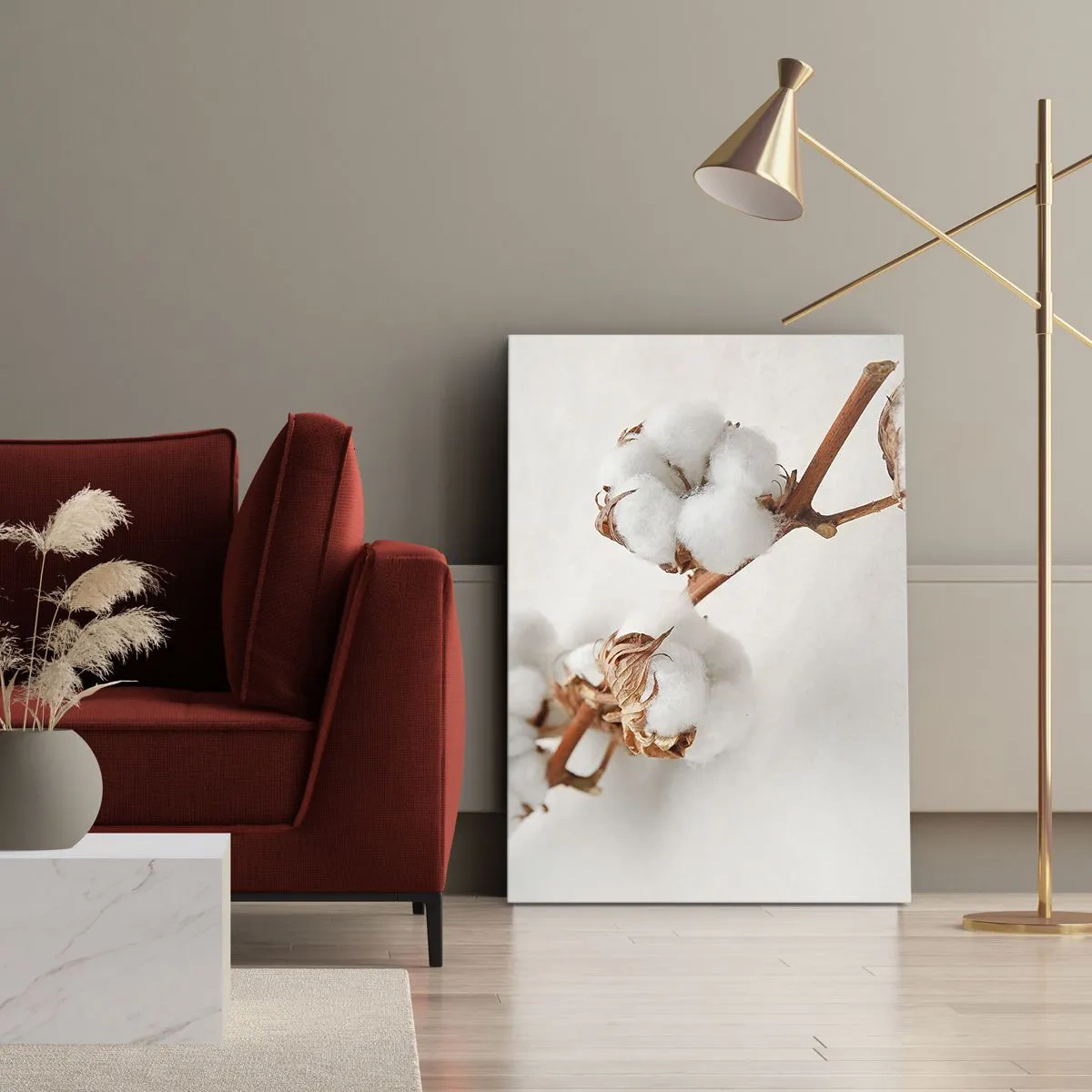 Cuadro sobre lienzo - Impresión de Imagen - Una ramita de algodón sobre un fondo sutil. - 50x70cm - Un suave tacto - Decoración de pared moderna para salón y dormitorio ARTTOR