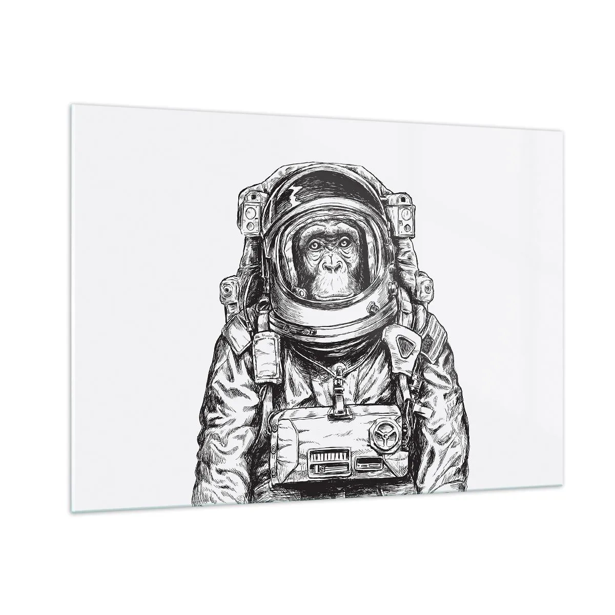 Cuadro sobre vidrio - Impresiones sobre Vidrio - Boceto de un mono con traje de astronauta sobre un fondo blanco. - 100x70cm - Evolución alternativa - Decoración de pared moderna para salón y dormitorio ARTTOR