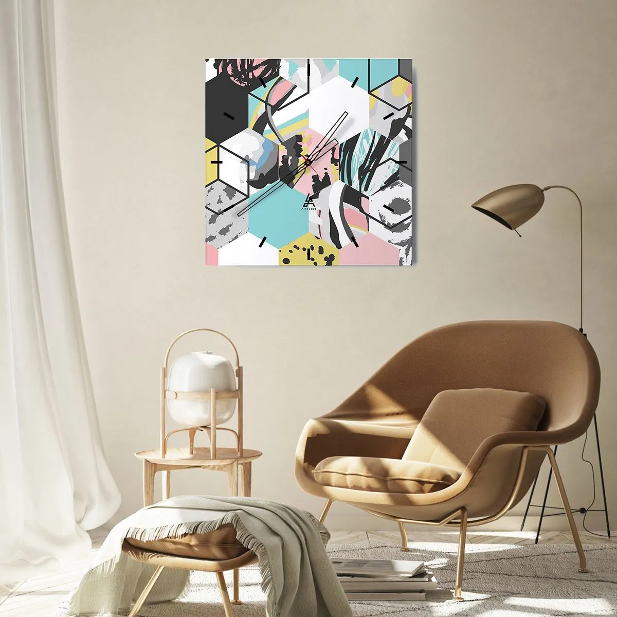 Reloj de pared - Reloj de vidrio - Hexágonos y cubos en seis colores - 40x40 cm