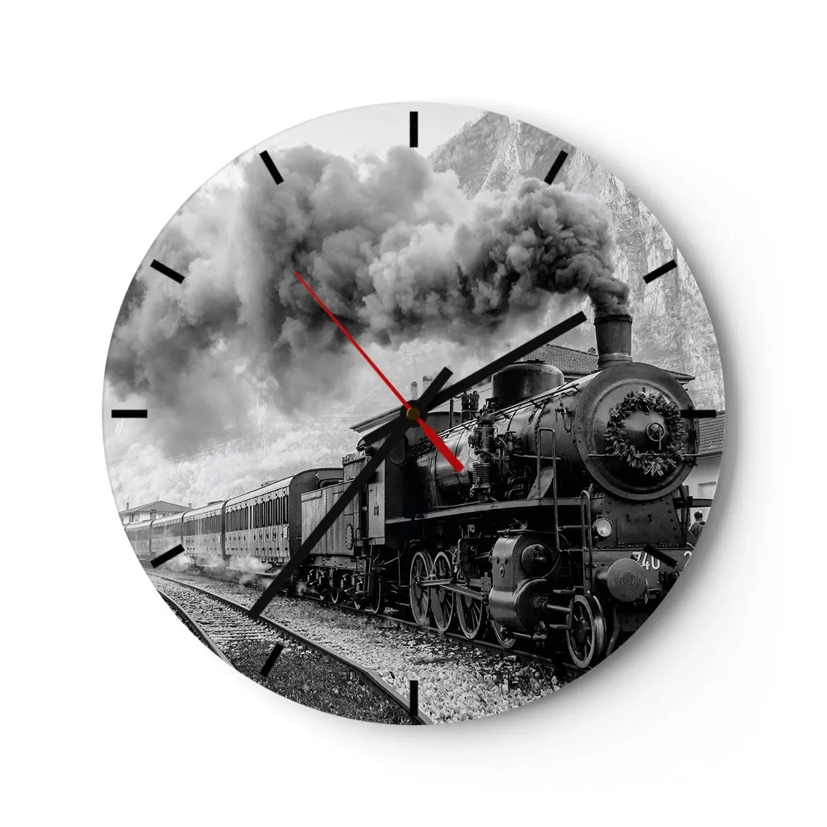 Reloj de pared - Reloj de vidrio - Una locomotora de vapor en blanco y negro con una chimenea humeante. - 30x30cm - Rumbo a la estación... - Decoración de pared moderna para salón, cocina y dormitorio ARTTOR