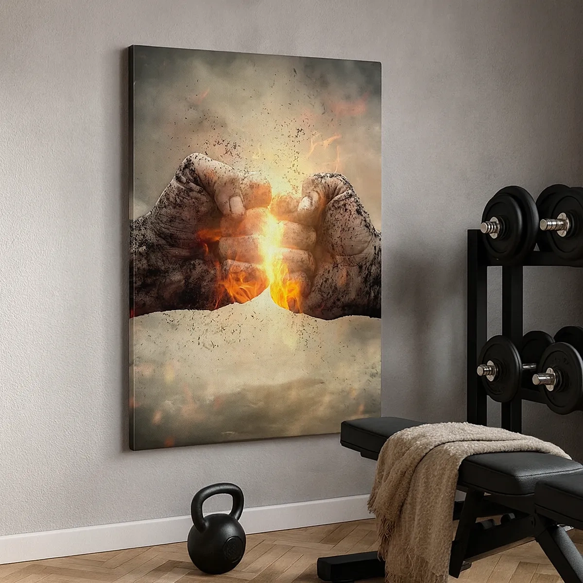 Cuadro sobre lienzo - Impresión de Imagen - Puños cerrados en una escena de incendio dinámica - 50x70cm - La lucha comienza - Decoración de pared moderna para salón y dormitorio ARTTOR