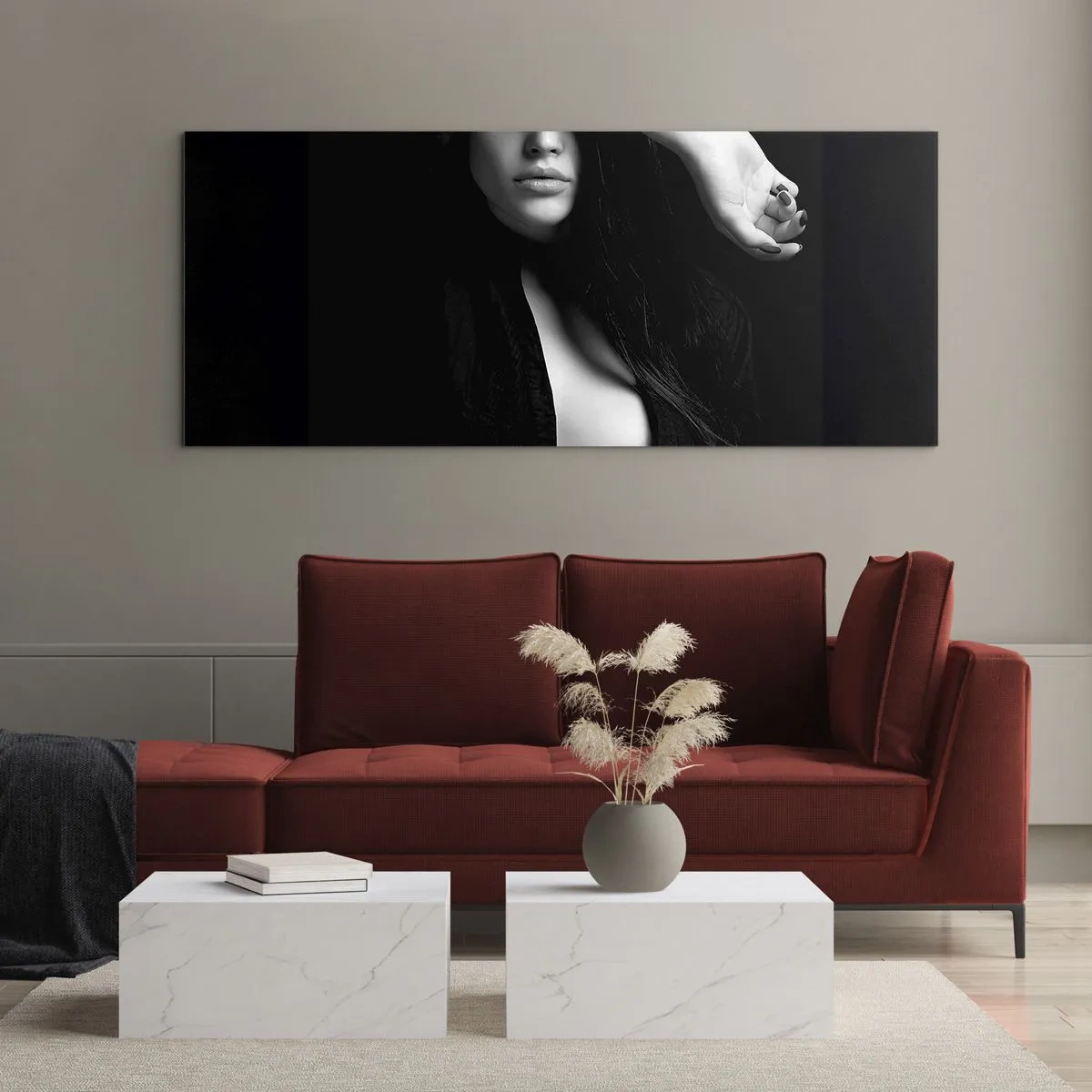 Cuadro sobre vidrio - Impresiones sobre Vidrio - Retrato elegante de una mujer en blanco y negro. - 160x50cm - Escuela de seducción - Decoración de pared moderna para salón y dormitorio ARTTOR