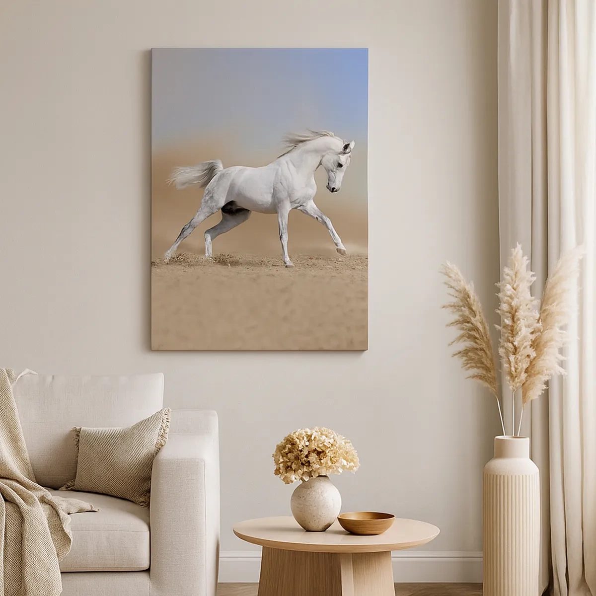 Cuadro sobre lienzo - Impresión de Imagen - Un caballo blanco galopando a través de un paisaje desértico. - 50x70cm - El más bello cuento de hadas árabe - Decoración de pared moderna para salón y dormitorio ARTTOR