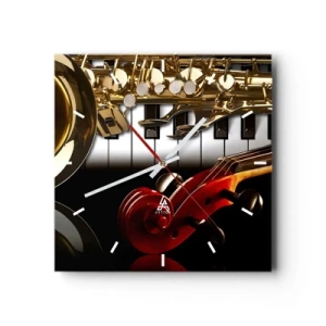 Reloj de pared - Reloj de vidrio - Un saxofón dorado, teclas de piano y un violín rojo. - 30x30cm - Chapa, madera y marfil - Decoración de pared moderna para salón y dormitorio ARTTOR