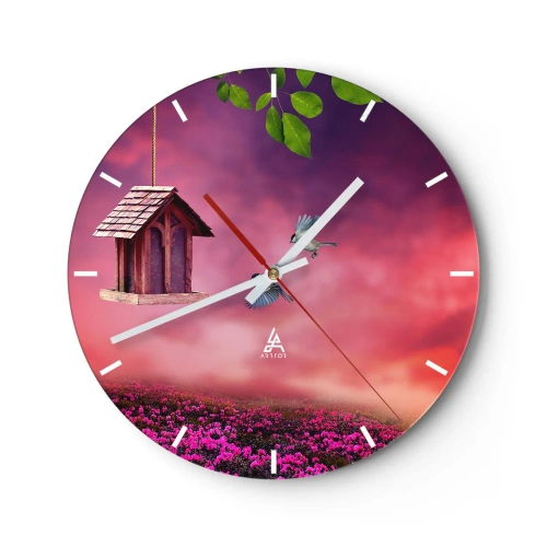 Reloj de pared - Reloj de vidrio - Paisaje con casa de pájaros, cielo rosa y hojas verdes. - 30x30cm - Invitación a una cena - Decoración de pared moderna para salón, cocina y dormitorio ARTTOR