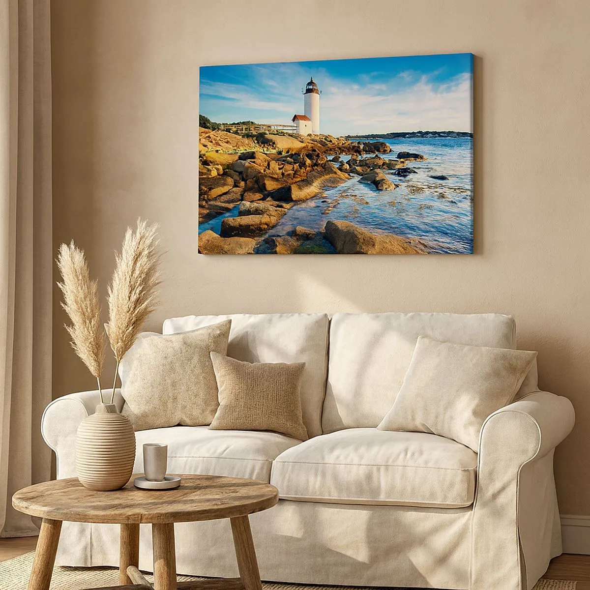 Cuadro sobre lienzo - Impresión de Imagen - Un faro en una costa rocosa en un día soleado. - 70x50cm - Esperando vuestro regreso - Decoración de pared moderna para salón y dormitorio ARTTOR