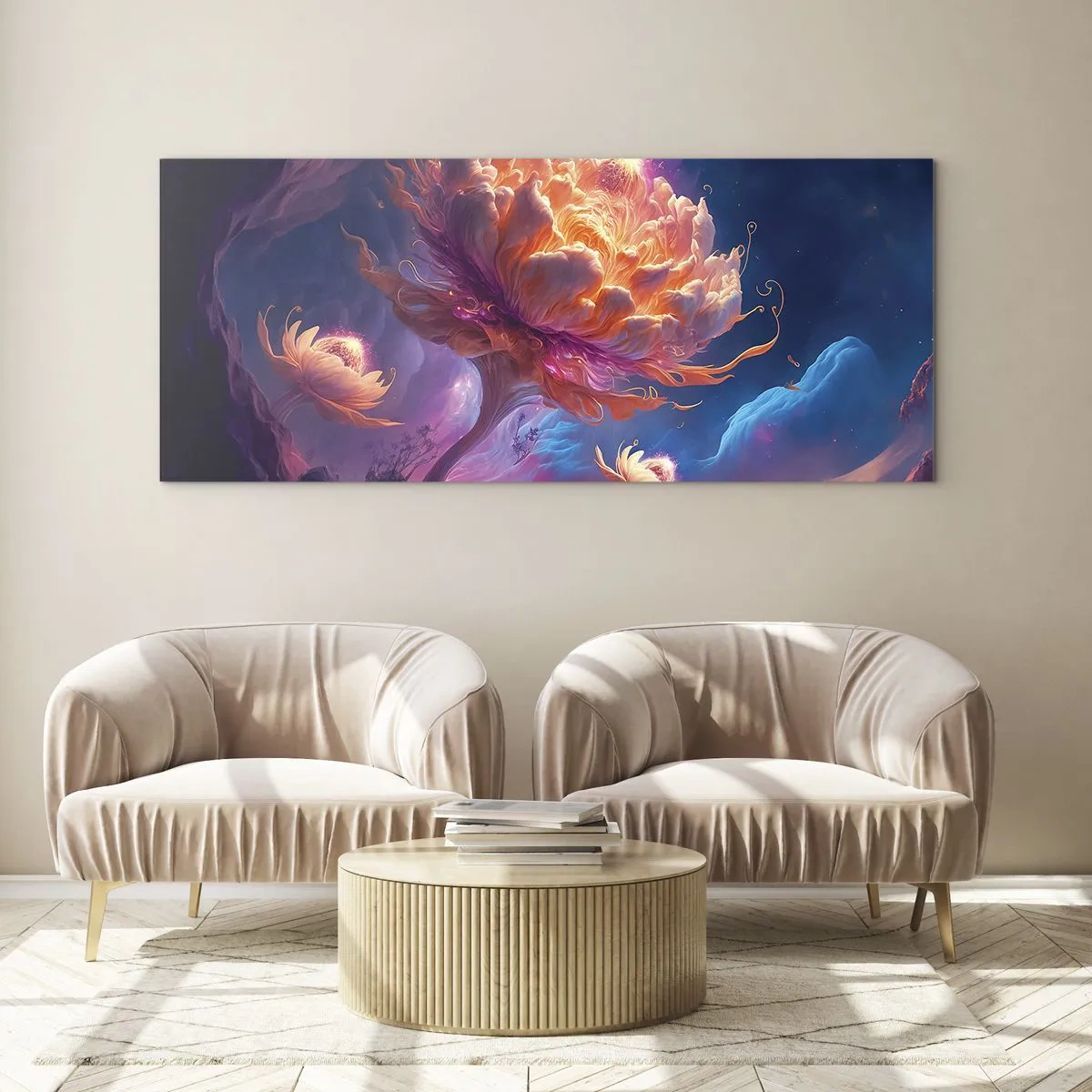 Cuadro sobre vidrio - Impresiones sobre Vidrio - Flores de fantasía en un paisaje cósmico. - 160x50cm - Otro mundo - Decoración de pared moderna para salón y dormitorio ARTTOR