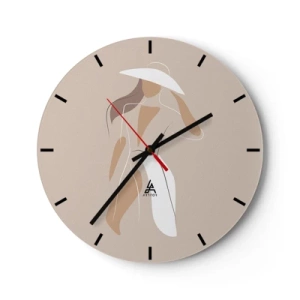 Reloj de pared - Reloj de vidrio - Mujer elegante con sombrero sobre fondo beige - 30x30cm - La moda es alegría - Decoración de pared moderna para salón, cocina y dormitorio ARTTOR