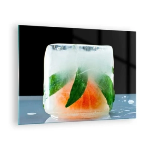 Cuadro sobre vidrio - Impresiones sobre Vidrio - Frutas y hojas congeladas en hielo transparente. - 70x50cm - Frescura - Decoración de pared moderna para salón y dormitorio ARTTOR