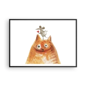 Póster en marco negro - Un dibujo de un gato con un ratón en la cabeza sosteniendo un corazón. - 100x70cm - Paradojas del amor - Decoración de pared moderna para salón y dormitorio ARTTOR