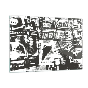 Cuadro sobre vidrio - Impresiones sobre Vidrio - Abstracción en blanco y negro con motivos geométricos y técnicos. - 120x80cm - ¿Orden o caos? - Decoración de pared moderna para salón y dormitorio ARTTOR