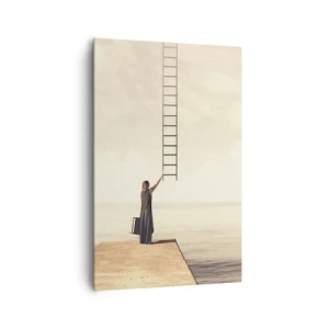Cuadro sobre lienzo - Impresión de Imagen - Una mujer parada en un muelle con una escalera que conduce al cielo. - 80x120cm - Un viaje mágico - Decoración de pared moderna para salón y dormitorio ARTTOR