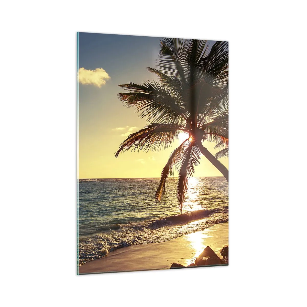 Cuadro sobre vidrio - Impresiones sobre Vidrio - Playa tropical con palmeras a la luz del sol poniente. - 50x70cm - Verano bajo las palmeras - Decoración de pared moderna para salón y dormitorio ARTTOR