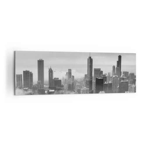 Cuadro sobre lienzo - Impresión de Imagen - Panorama de la ciudad con rascacielos en las nubes en blanco y negro - 160x50cm - Paisaje americano - Decoración de pared moderna para salón y dormitorio ARTTOR