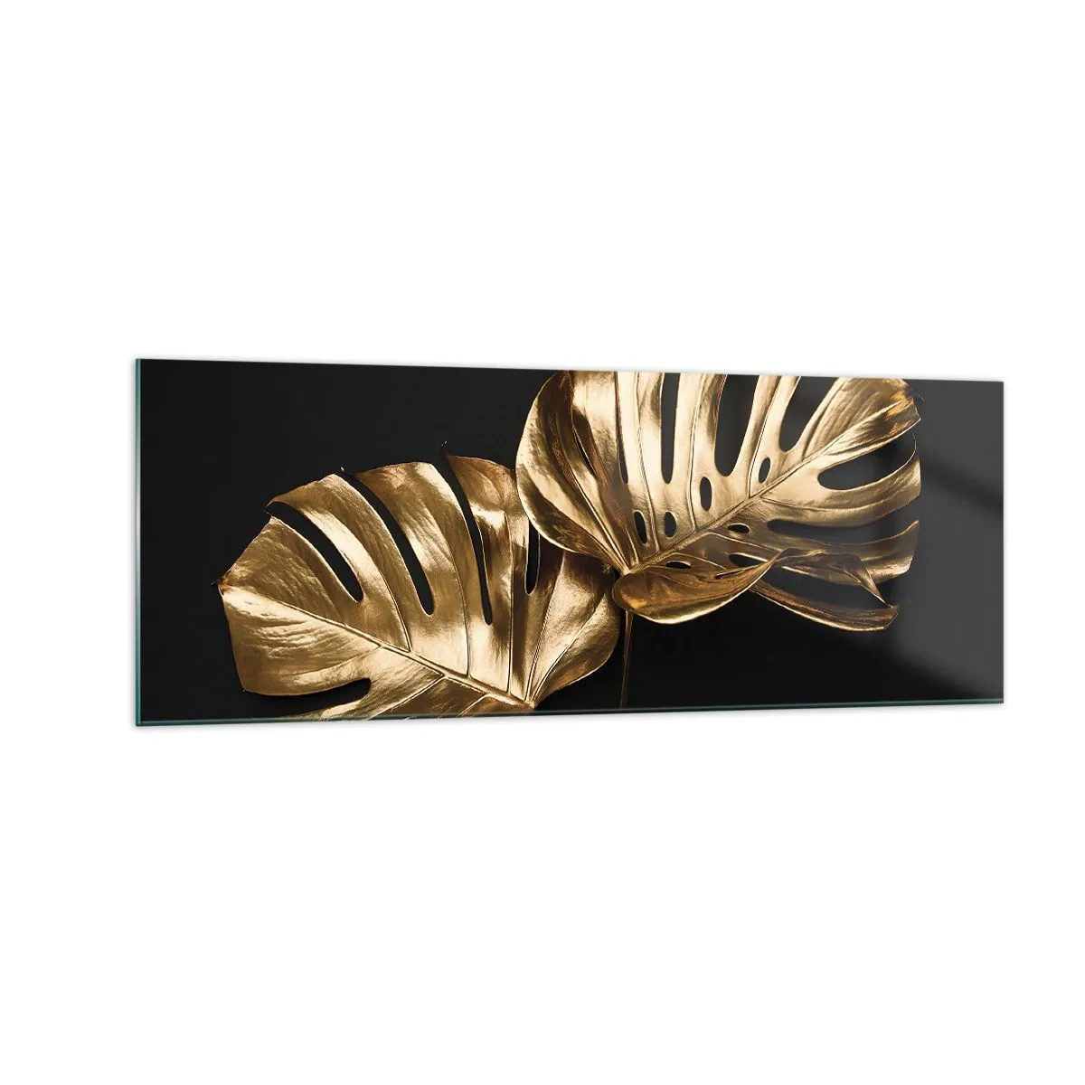 Cuadro sobre vidrio - Impresiones sobre Vidrio - Hojas de monstera doradas sobre fondo negro - 140x50cm - Tesoros de la naturaleza - Decoración de pared moderna para salón y dormitorio ARTTOR
