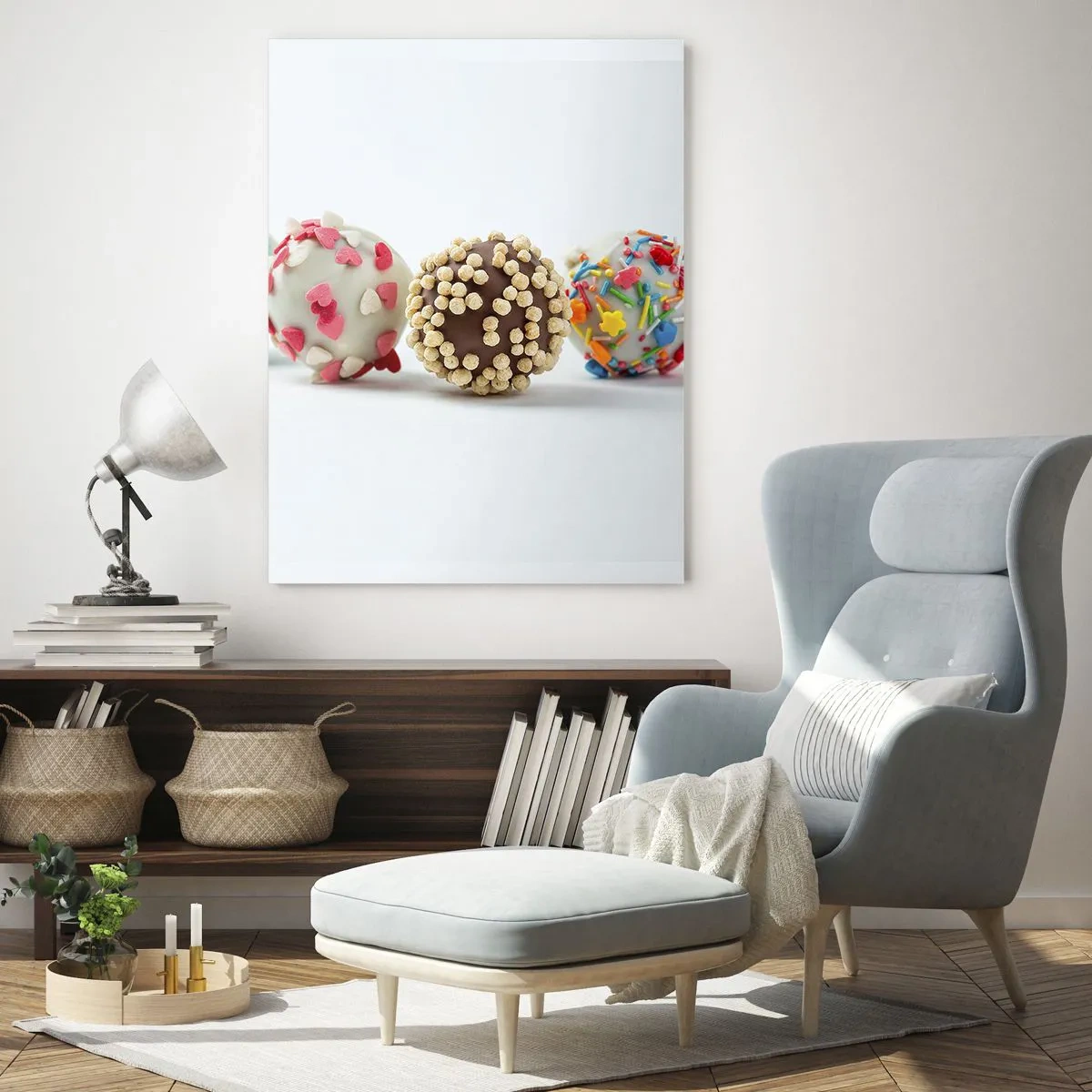 Cuadro sobre vidrio - Impresiones sobre Vidrio - Bombones coloridos con decoraciones sobre un fondo blanco. - 80x120cm - La vida puede ser dulce - Decoración de pared moderna para salón y dormitorio ARTTOR