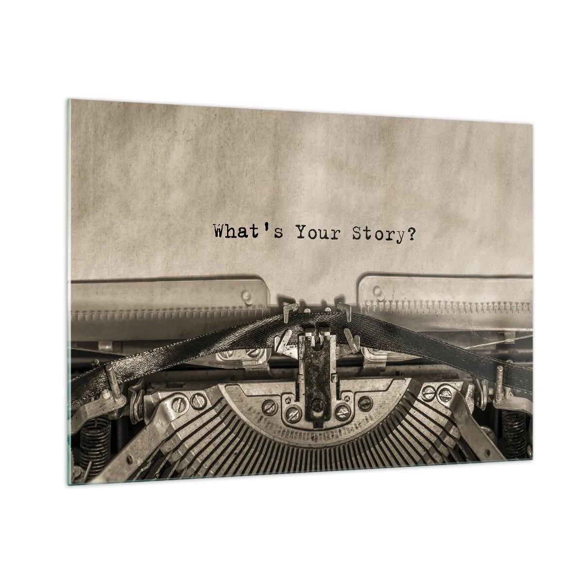 Cuadro sobre vidrio - Impresiones sobre Vidrio - Primer plano de una máquina de escribir con el texto "¿Cuál es tu historia?" - 100x70cm - Solo espero una respuesta - Decoración de pared moderna para salón y dormitorio ARTTOR
