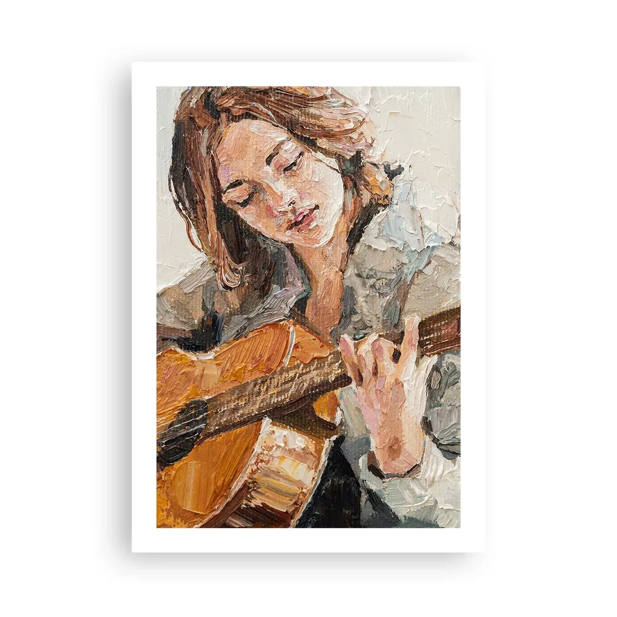 Póster - Retrato de una mujer tocando la guitarra en estilo empasto - 50x70cm - Concierto de guitarra y corazón joven - Decoración de pared moderna para salón y dormitorio ARTTOR