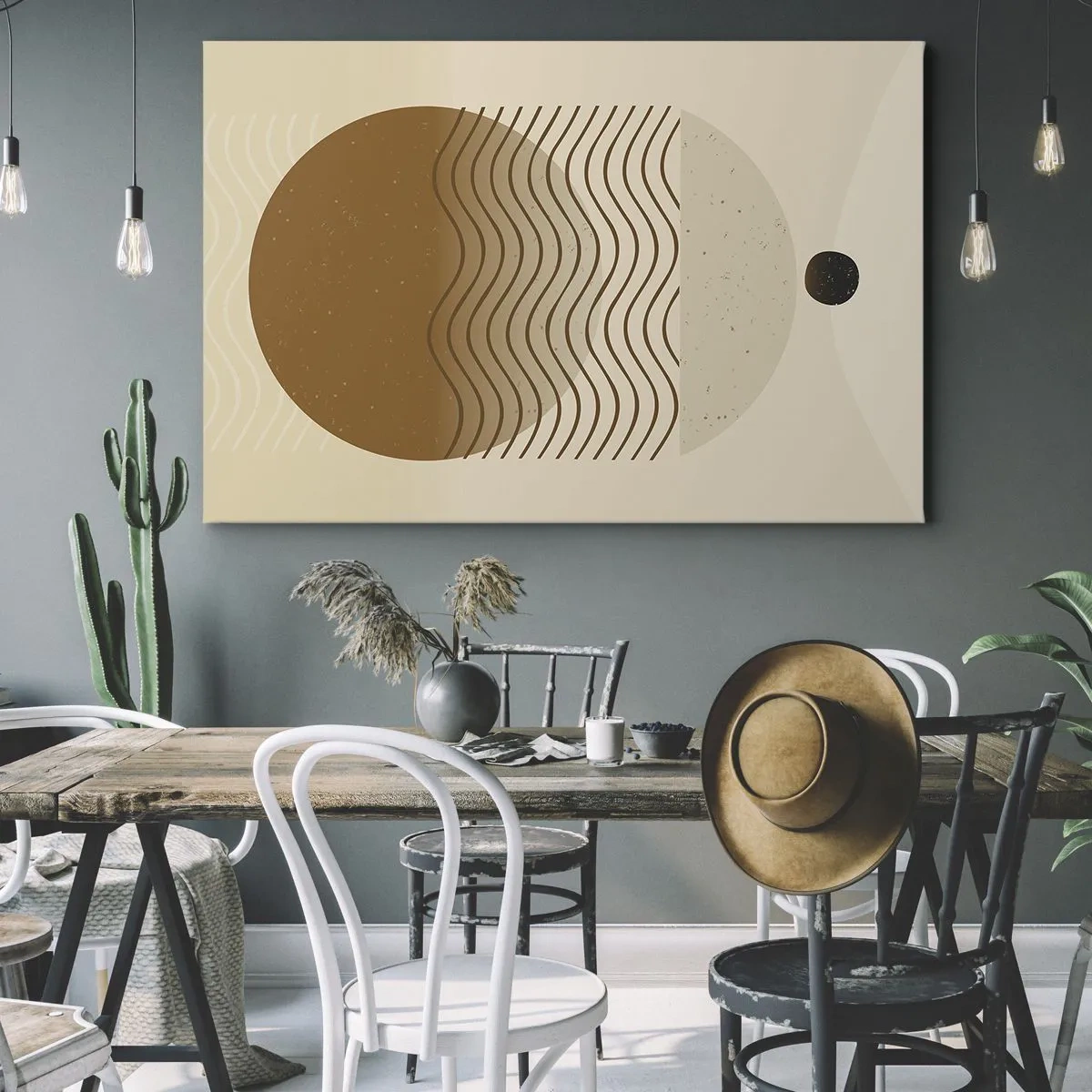 Cuadro sobre lienzo - Impresión de Imagen - Abstracción geométrica con círculos y líneas onduladas en colores cálidos. - 70x50cm - Sobre el origen de las figuras geométricas - Decoración de pared moderna para salón y dormitorio ARTTOR