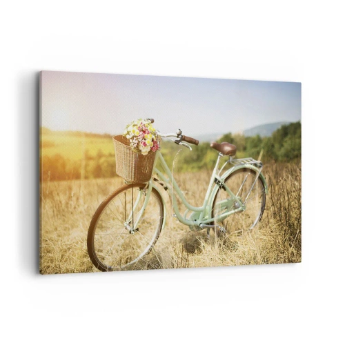 Cuadro sobre lienzo - Impresión de Imagen - Una bicicleta retro con una cesta llena de flores sobre un fondo de pradera. - 120x80cm - Me quedaré aquí un tiempo - Decoración de pared moderna para salón y dormitorio ARTTOR