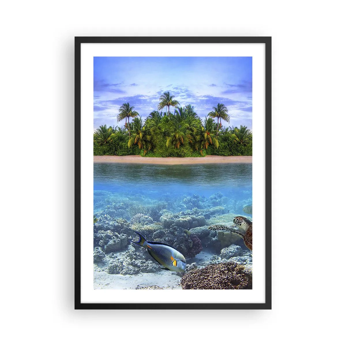Póster en marco negro - Una isla tropical con un arrecife de coral y peces exóticos. - 50x70cm - Una isla paradisíaca te invita - Decoración de pared moderna para salón y dormitorio ARTTOR