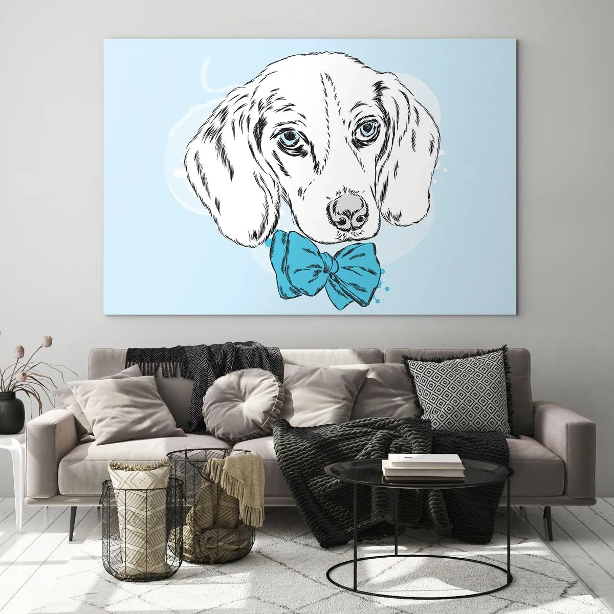Cuadro sobre vidrio - Impresiones sobre Vidrio - Dibujo de un perro con pajarita sobre fondo azul. - 120x80cm - Elegancia canina - Decoración de pared moderna para salón y dormitorio ARTTOR