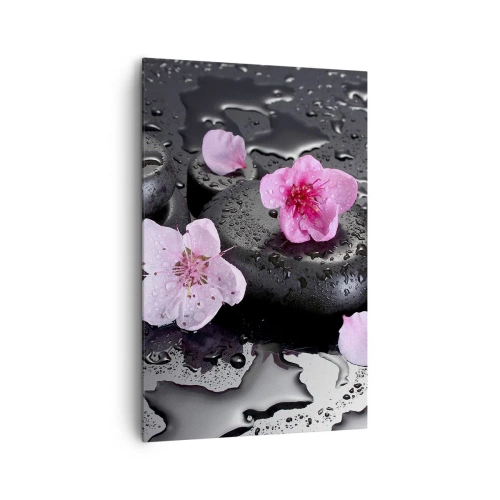 Cuadro sobre lienzo - Impresión de Imagen - Piedras negras y flores rosas estilo spa - 80x120cm - Y una piedra cae del corazón - Decoración de pared moderna para salón y dormitorio ARTTOR