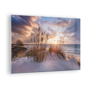 Cuadro sobre vidrio - Impresiones sobre Vidrio - Puesta de sol sobre el mar vista a través de los pastos costeros - 70x50cm - Adiós al sol y al viento - Decoración de pared moderna para salón y dormitorio ARTTOR