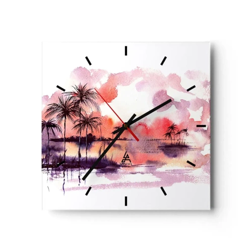 Reloj de pared - Reloj de vidrio - Paisaje tropical con palmeras al atardecer en acuarela. - 30x30cm - La calma de los trópicos en rojo - Decoración de pared moderna para salón y dormitorio ARTTOR