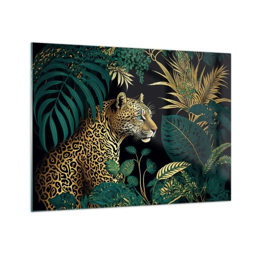 Cuadro sobre vidrio - Impresiones sobre Vidrio - Un leopardo entre hojas tropicales sobre un fondo oscuro. - 70x50cm - El anfitrión en la jungla - Decoración de pared moderna para salón y dormitorio ARTTOR