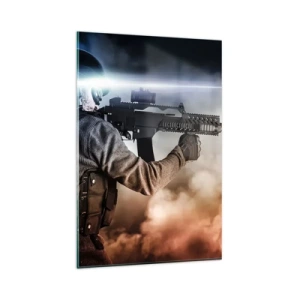 Cuadro sobre vidrio - Impresiones sobre Vidrio - Un soldado en acción con un rifle contra un fondo de nubes y luz. - 80x120cm - Luchador - Decoración de pared moderna para salón y dormitorio ARTTOR