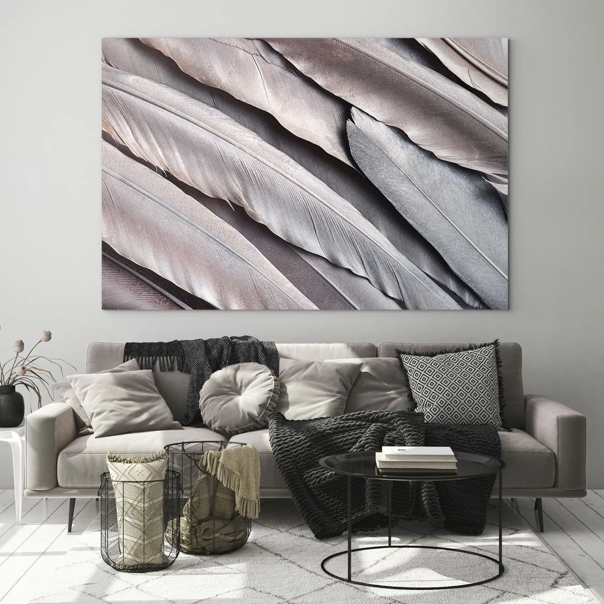 Cuadro sobre vidrio - Impresiones sobre Vidrio - Primer plano de plumas pastel en tonos rosa y plata. - 70x50cm - En rosa plateado - Decoración de pared moderna para salón y dormitorio ARTTOR
