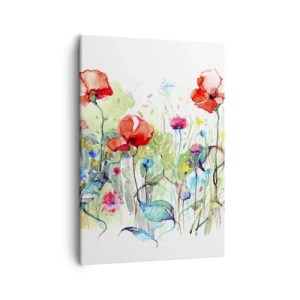 Cuadro sobre lienzo - Impresión de Imagen - Un prado con amapolas rojas y flores de colores en acuarela. - 50x70cm - Un prado en flor en mayo - Decoración de pared moderna para salón y dormitorio ARTTOR