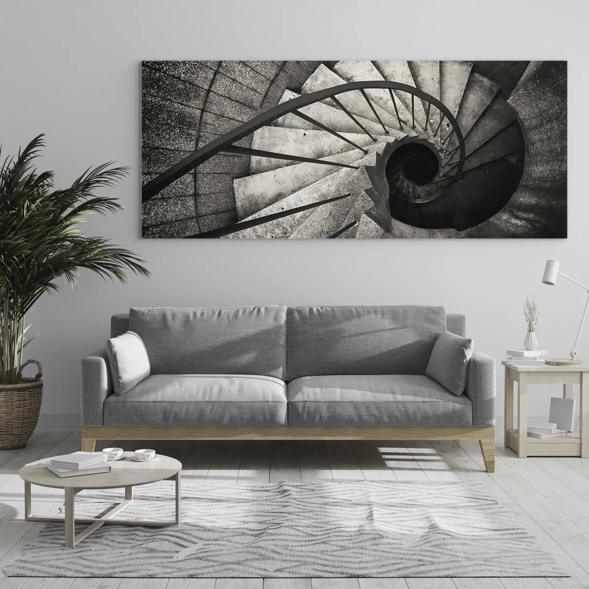 Cuadro sobre vidrio - Impresiones sobre Vidrio - Escalera de caracol en blanco y negro de estilo moderno. - 140x50cm - Escaleras arriba, escaleras abajo - Decoración de pared moderna para salón y dormitorio ARTTOR