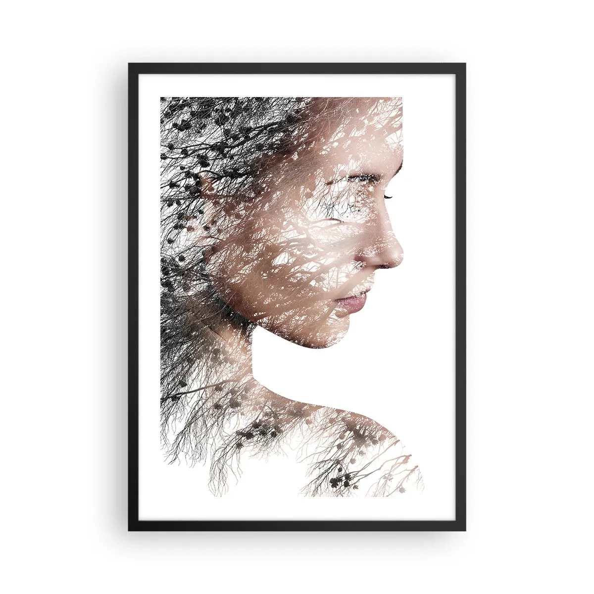 Póster en marco negro - Retrato de doble exposición de una mujer con un motivo de naturaleza. - 50x70cm - Espíritu del bosque - Decoración de pared moderna para salón y dormitorio ARTTOR