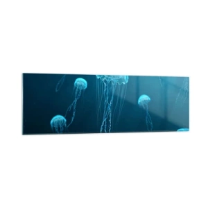 Cuadro sobre vidrio - Impresiones sobre Vidrio - Medusas flotando en las profundidades del océano en tonos azules. - 160x50cm - Danza oceánica - Decoración de pared moderna para salón y dormitorio ARTTOR