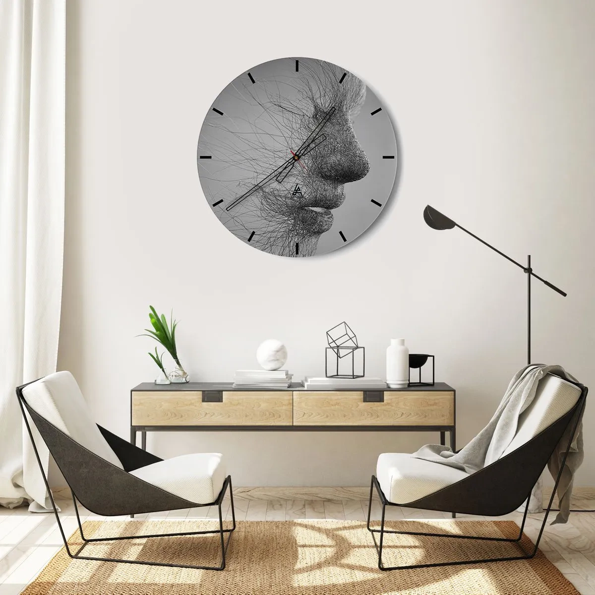Reloj de pared - Reloj de vidrio - Cara abstracta con líneas finas sobre un fondo gris - 30x30cm - Espíritu del viento - Decoración de pared moderna para salón, cocina y dormitorio ARTTOR