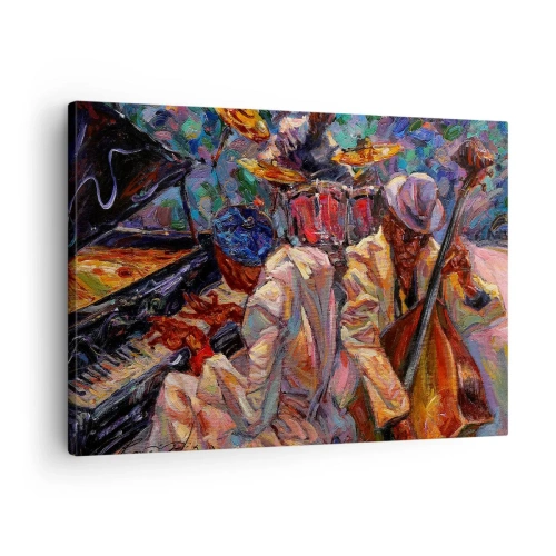 Cuadro sobre lienzo - Impresión de Imagen - Escena de jazz enérgica con músicos e instrumentos. - 70x50cm - En un ritmo mágico - Decoración de pared moderna para salón y dormitorio ARTTOR
