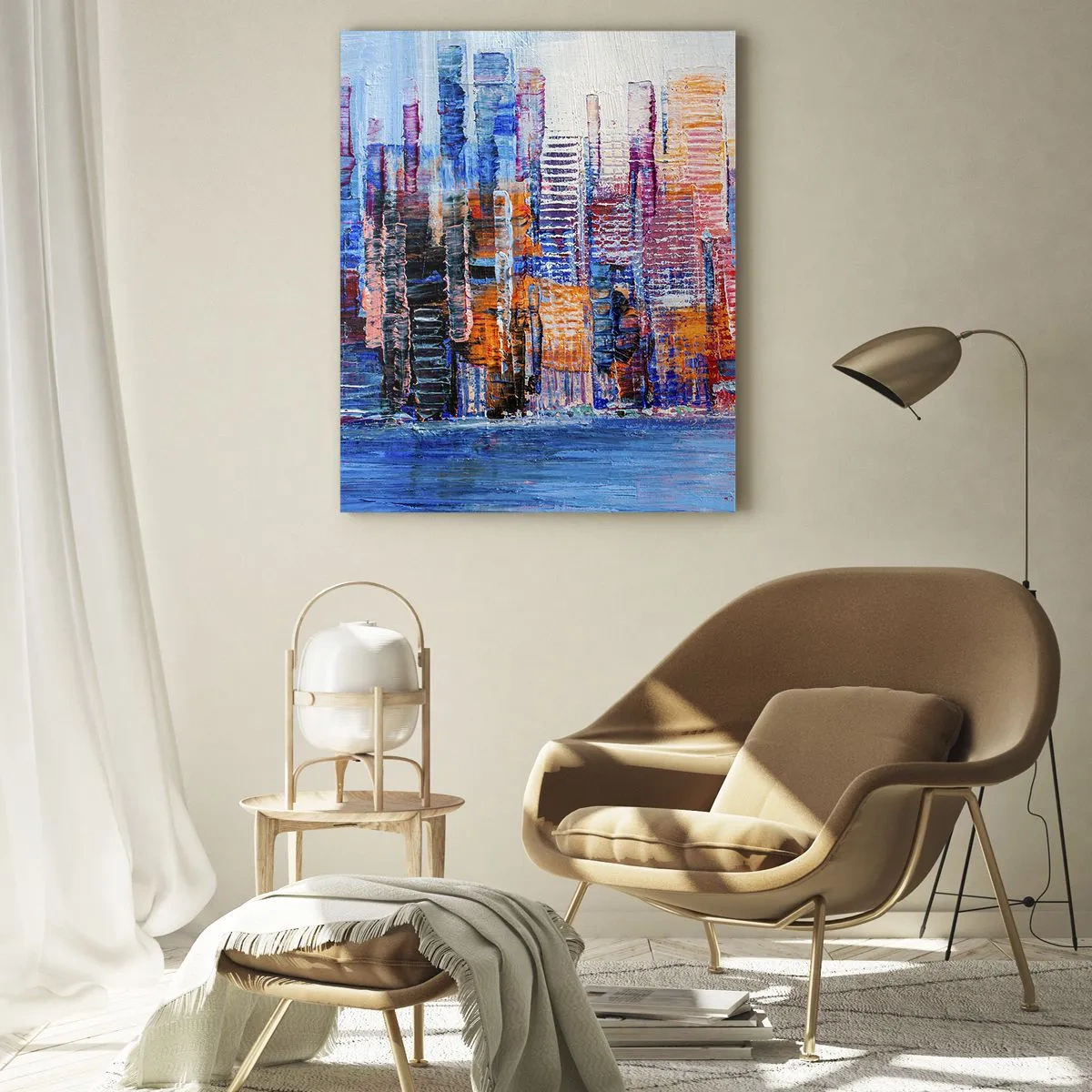 Cuadro sobre vidrio - Impresiones sobre Vidrio - Un panorama colorido de la ciudad con reflejos en el agua. - 70x100cm - Una metrópoli alegre - Decoración de pared moderna para salón y dormitorio ARTTOR